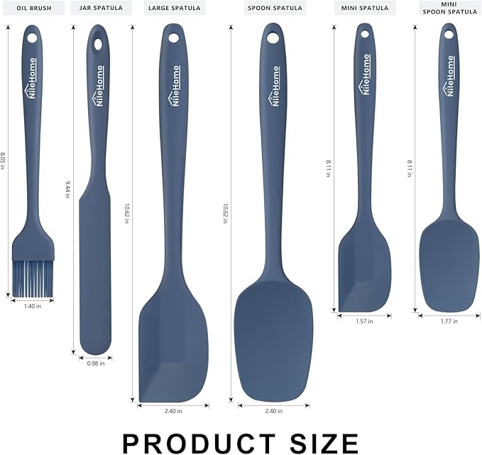 NileHome Silicone Spatula Set, 6 Packs Food Grade Kitchen Utensils with Silicone Brush Heat Resistant Dishwasher Safe BPA-Free Rubber Spatula for Scraping, Baking, Cooking, Mixing, Haze Blue