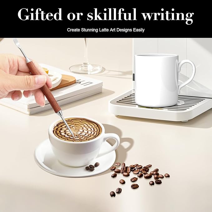 2-Pack Latte Art Pen Set, Stainless Steel Coffee Drawing Tool with Wood Handle, Double-Ended Barista Accessories for Creating Professional Espresso Tools, Home & Travel & Cafe Use