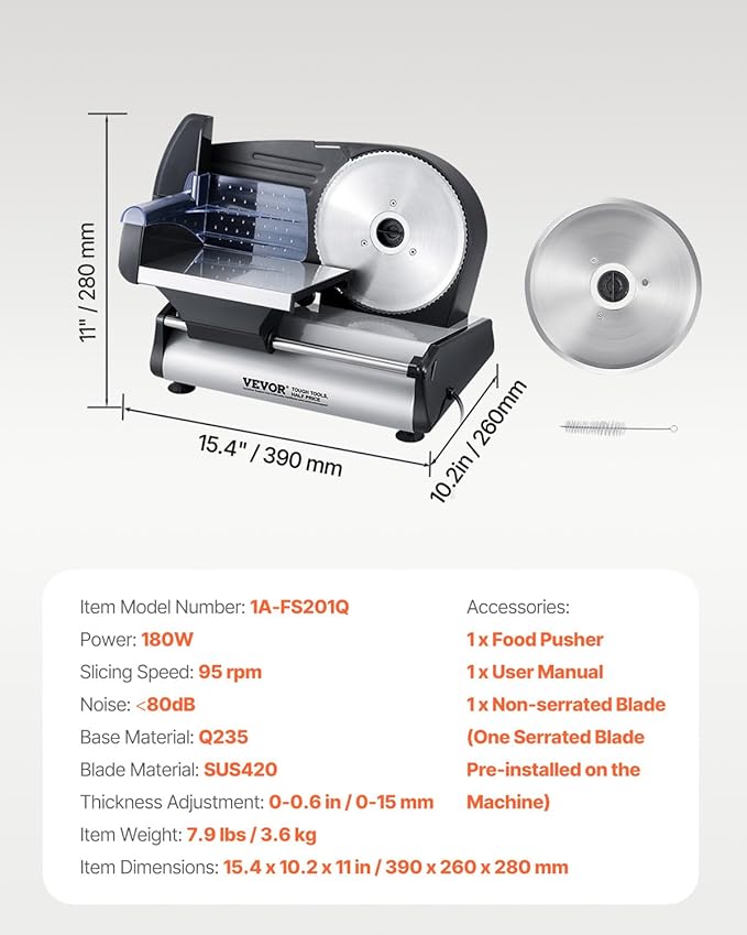VEVOR Meat Slicer, 7.5 inch Electric Deli Food Slicer with two Premium SUS420 Blades, 0-0.6 inch Adjustable Thickness, 180W Food Slicer Machine for Meat, Hard Bread and Cheese, Home Use