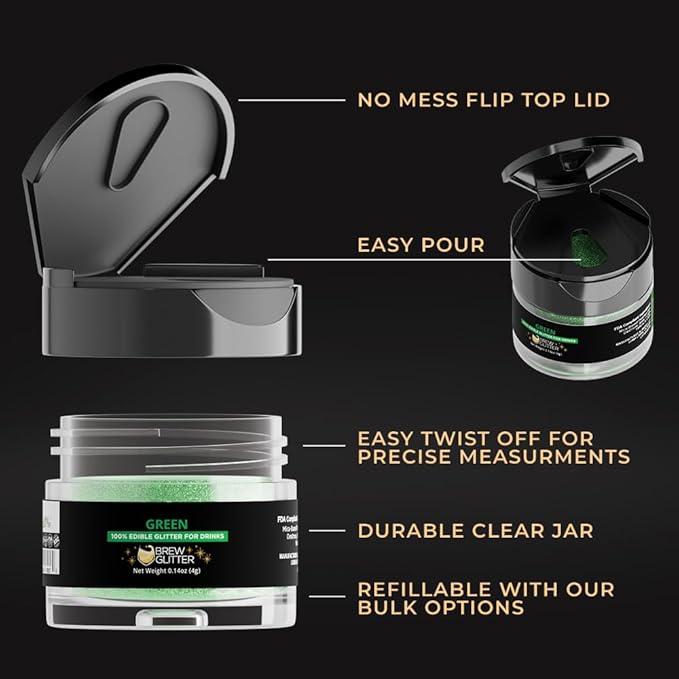 Brew Glitter Green Edible Drink Glitter 1x 4g Jar for Cocktails, Beer, & Beverages