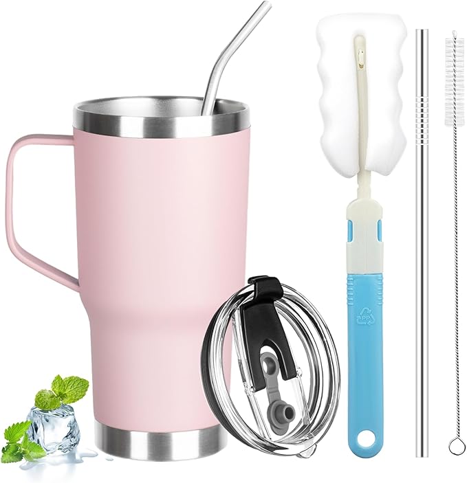 20 oz Tumbler with Handle, Stainless Steel Insulated Tumbler with Lid and Straw, Double Wall Vacuum Coffee Mug Tumbler, Insulated Coffee Thermal Cup for Cold and Hot (Pink)