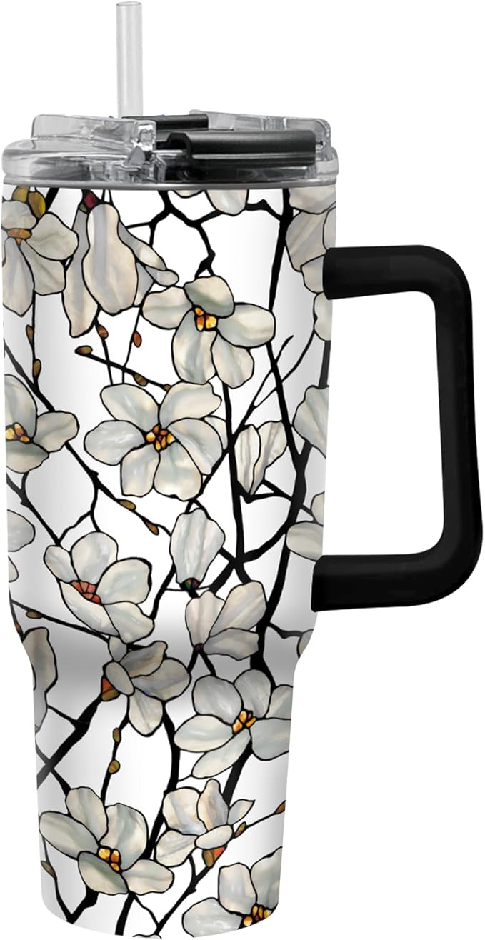 RainCaper 18/8 Stainless Steel Insulated Water Tumbler with Straw | 30oz, BPA-Free, Double Wall for Hot & Cold | Travel-Friendly, Cup Holder Ready (Tiffany Magnolia)