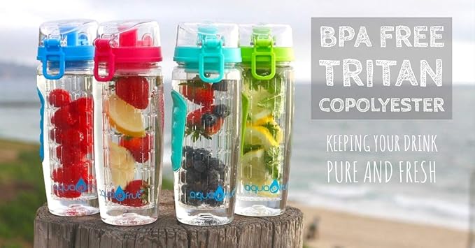 AquaFrut 32 OZ Fruit Infuser Water Bottle BPA-Free Fruit Infusion Sports Bottle - Flip Top Lid w Drinking Spout, Leak Proof, Made of Durable Tritan. Free Recipe eBook! (Black)