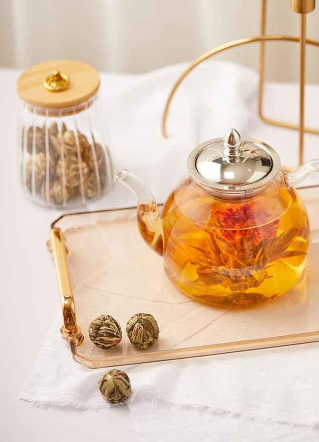 TETWIN Glass Teapot Including 6 Blooming Flower Tea Balls, Stovetop Safe Tea Pot with Removable Infuser for Loose Leaf Tea, 1000ml / 33.8oz