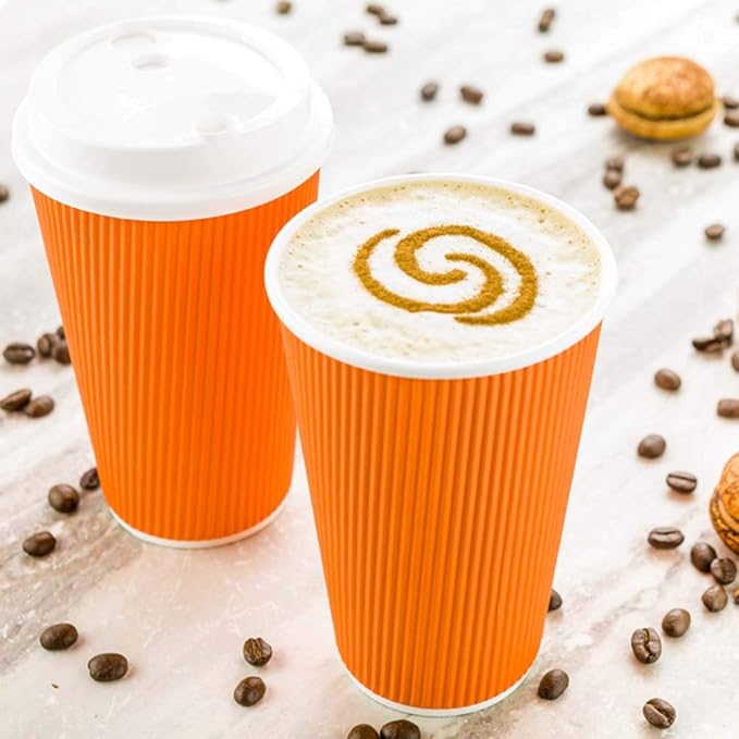 Restaurantware 16 Ounce Ripple Wall Disposable Coffee Cups, 500 Insulated Orange Paper Tumblers, Rolled Rim Design, Lids Sold Separately for Hot Drinks like Tea, Hot Chocolate and More