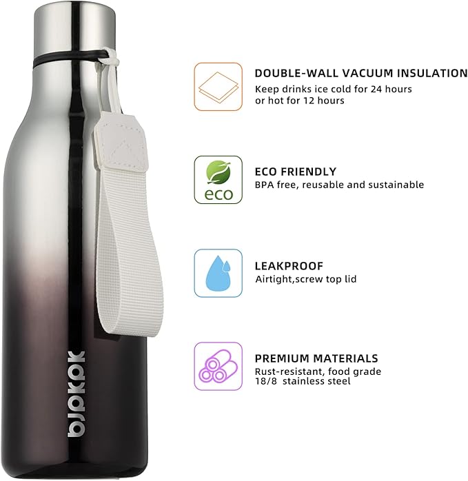 BJPKPK Insulated Water Bottles, 18 oz Stainless Steel Metal Water Bottle with Strap, BPA Free Leak Proof Thermos, Mugs, Flasks, Reusable Water Bottle for Sports & Travel, Silver Miner