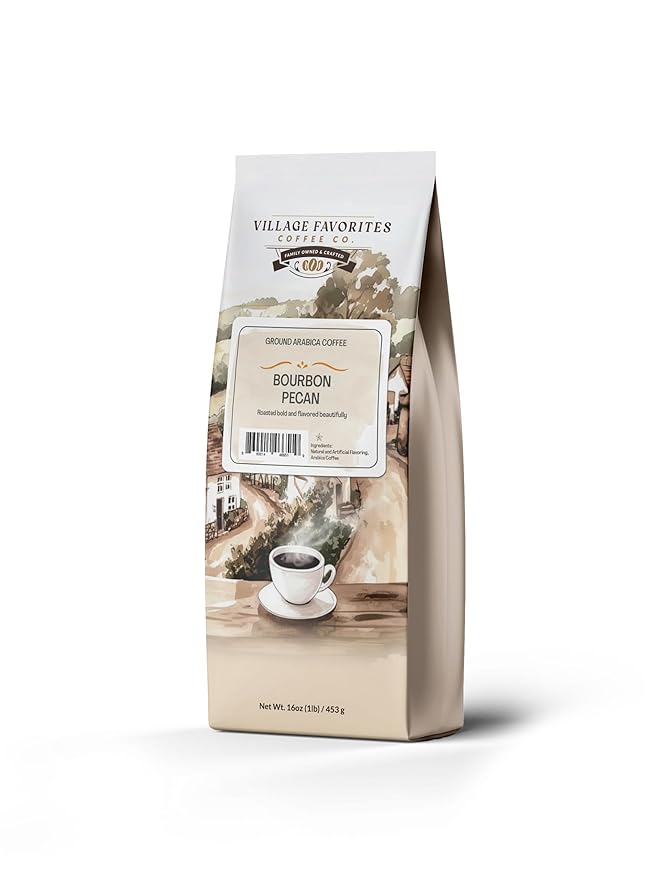 Village Favorites Flavored Coffee – Low Acid, Mold-Free, 100% Arabica, Slow Roasted Medium Roast, Smooth & Stomach Friendly, Ground, 1LB Bag (16oz)- Kosher (16oz, Bourbon Pecan)