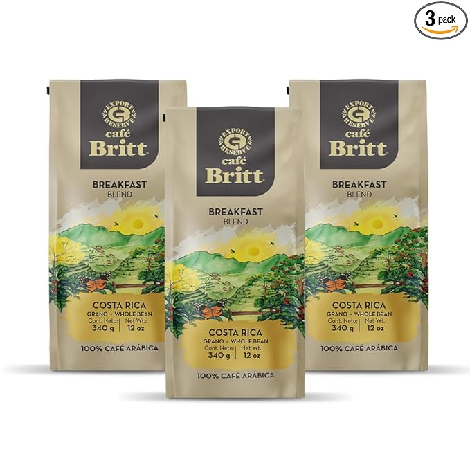 Café Britt® - Costa Rican Breakfast Blend Coffee (12 oz.) (3-Pack) - Whole Bean, Arabica Coffee, Kosher, Gluten Free, 100% Gourmet & Medium Dark Roast