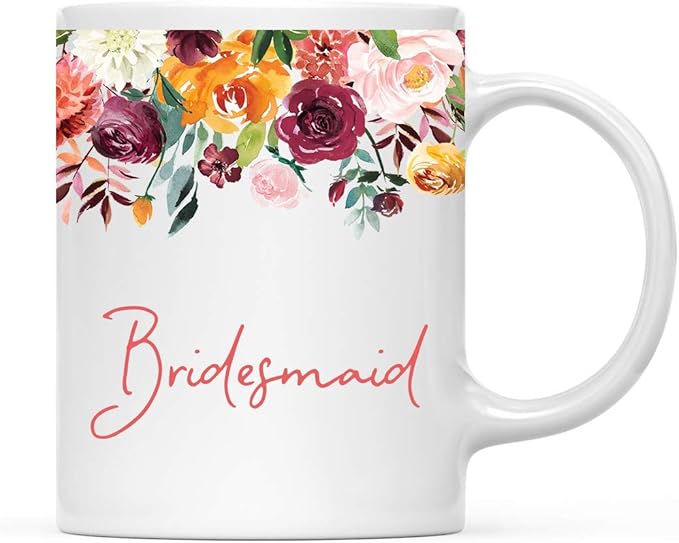 Andaz Press 11oz. Wedding Ceramic Coffee Tea Mug Gift, Fall Autumn Burgundy Orange Peach Flowers Roses Florals, Bridesmaid, 1-Pack, Includes Gift Box