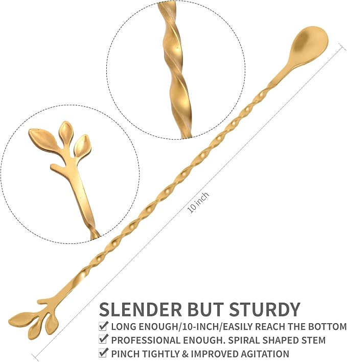 AnSaw Gold 10-Inch Stainless Steel Cocktail Spoon with Leaf Handle - Perfect for Mixing & Layering Drinks in Tall Cups, Bar & Shakers - Durable Long Handle Bar Stirrer,1-Pieces