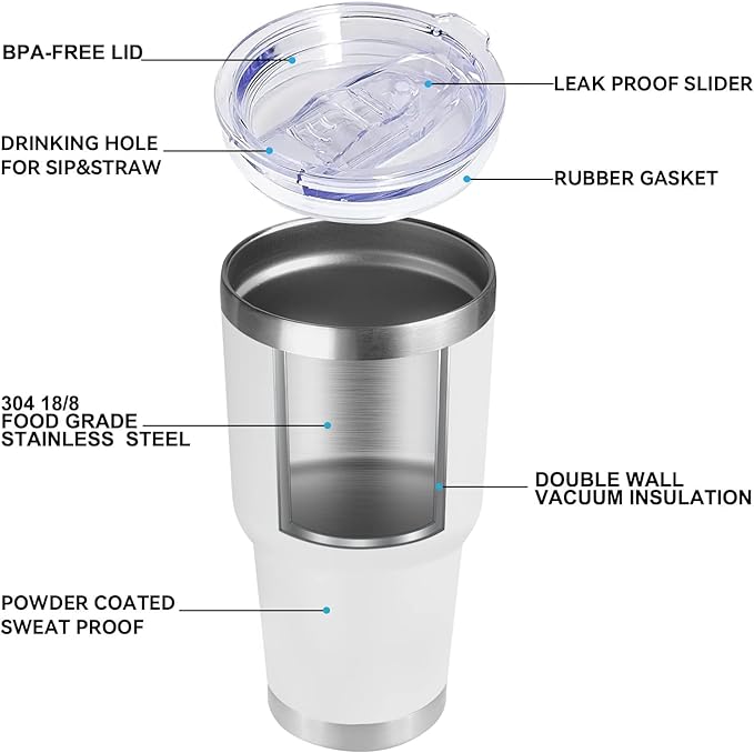 DOMICARE 30 oz Tumbler with Lid and Straw, Stainless Steel Tumblers Bulk, Insulated Vacuum Double Wall Travel Coffee Mug, Durable Powder Coated Tumbler Cups (White, 8)