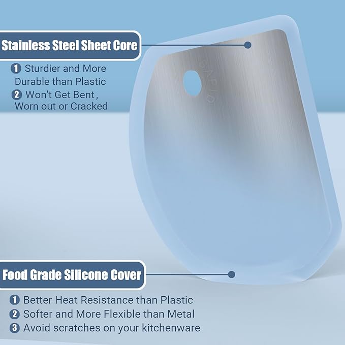 Silicone Dough Scraper with Stainless Steel Sheet, Curved Edge Flexible Bowl Scraper for Baking, Food Grade Silicone Bench Scraper for Sourdough Bread Proofing Basket, 5.98" × 4.3", Blue, SAPID