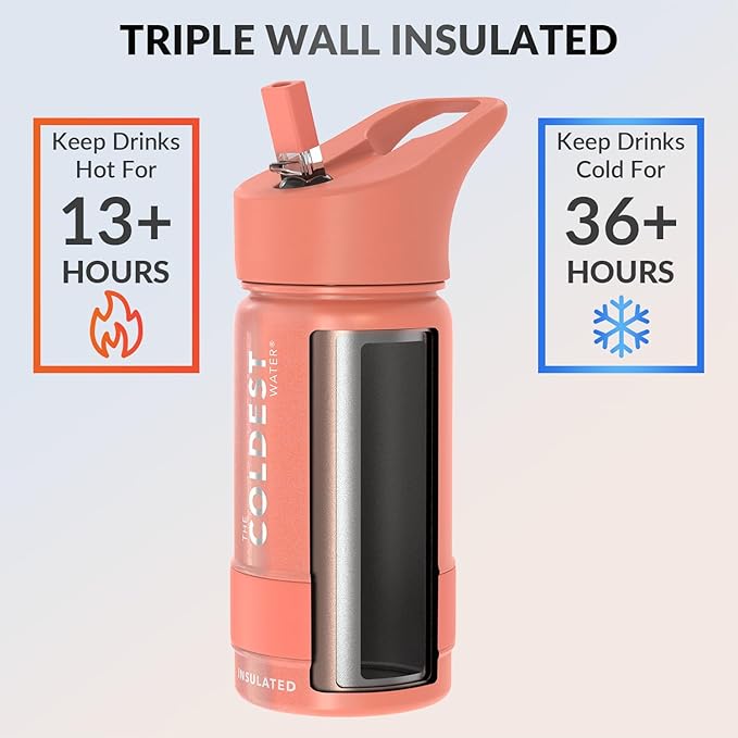 Coldest Insulated Water Bottle with Straw Lid - Stainless Steel Metal Insulated Bottle for Men & Women (Pink Froze Glitter, 14 oz)