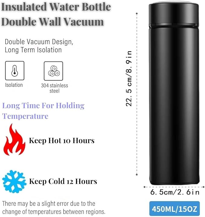 Insulated Water Bottles- Vacuum Tumbler for Coffee, Tea and Drinks with Stainless Steel Infuser - 15 oz Tea Thermo Travel Bottle/Keeps Drinks Hot or Cold for Hours/Gift Packing(Black)