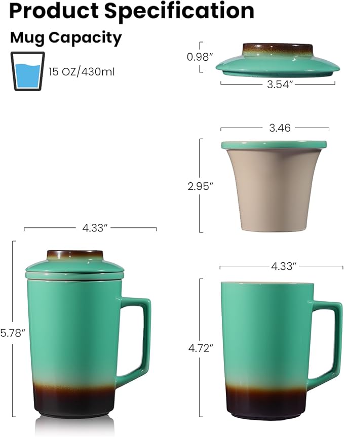 15 OZ Porcelain Tea Infuser Cup with Lid,Ceramic Tea Mug with All-Porcelain Strainers for Loose Leaf Teas,Microwave and Dishwasher Safe Coffee Mug,Metal-Free,BPA-Free,Gifts for Tea-Lover (Green)