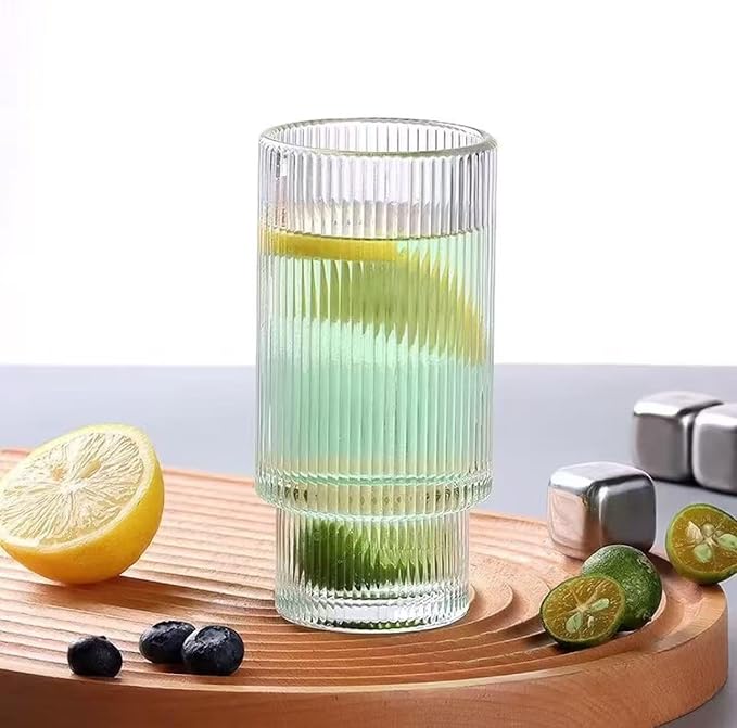 16OZ Ribbed Glass Cups with Lids and Straws,Iced Coffee Cups with Lid,Vintage Glassware for Whiskey Cocktail Beer Fruit Juice Glasses Tumbler(1Pack)