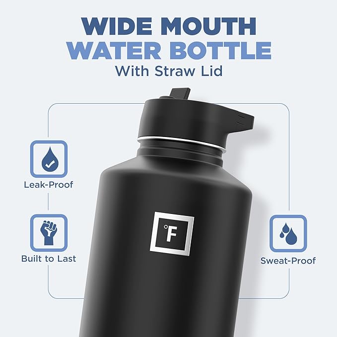 IRON °FLASK Camping & Hiking Hydration Flask with 3 Lids - Stainless Steel, Double Walled & Vacuum Insulated Water Bottle - Leak Proof & BPA Free (Dark Night, Straw - 64 oz)