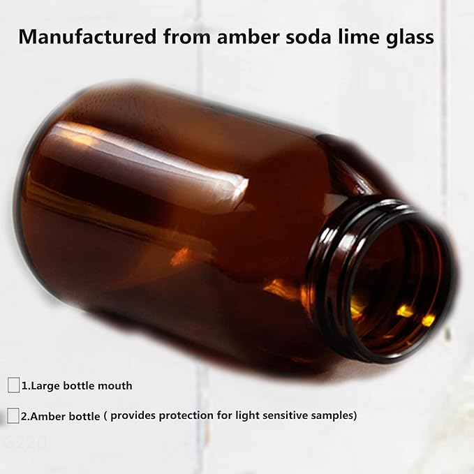 Wide Mouth Packer Bottle, Amber Glass, 500 ML (16 OZ) Capacity with 53-400 Black Polyethylene Screw Cap Lined PE Septa, Package of 12 Units