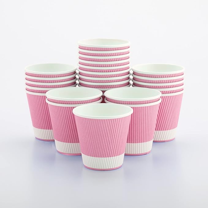 Restaurantware 8 Ounce Ripple Wall Paper Coffee Cups, 25 Leakproof Disposable Hot Drink Tumblers, Recyclable, Insulated Light Pink Design, Matching Lids available for Cups and Sold Separately