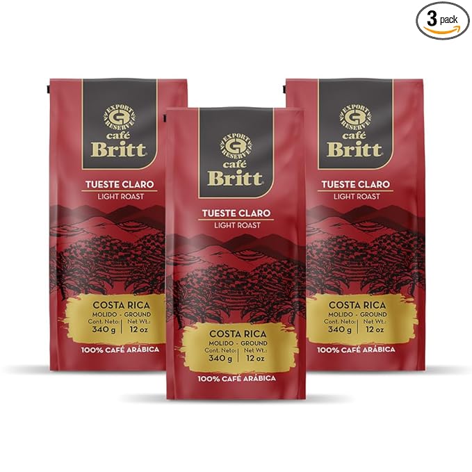 Café Britt® - Costa Rican Light Roast Coffee (12 oz.) (3-Pack) - Ground, Arabica Coffee, Kosher, Gluten Free, 100% Gourmet & Light Roast