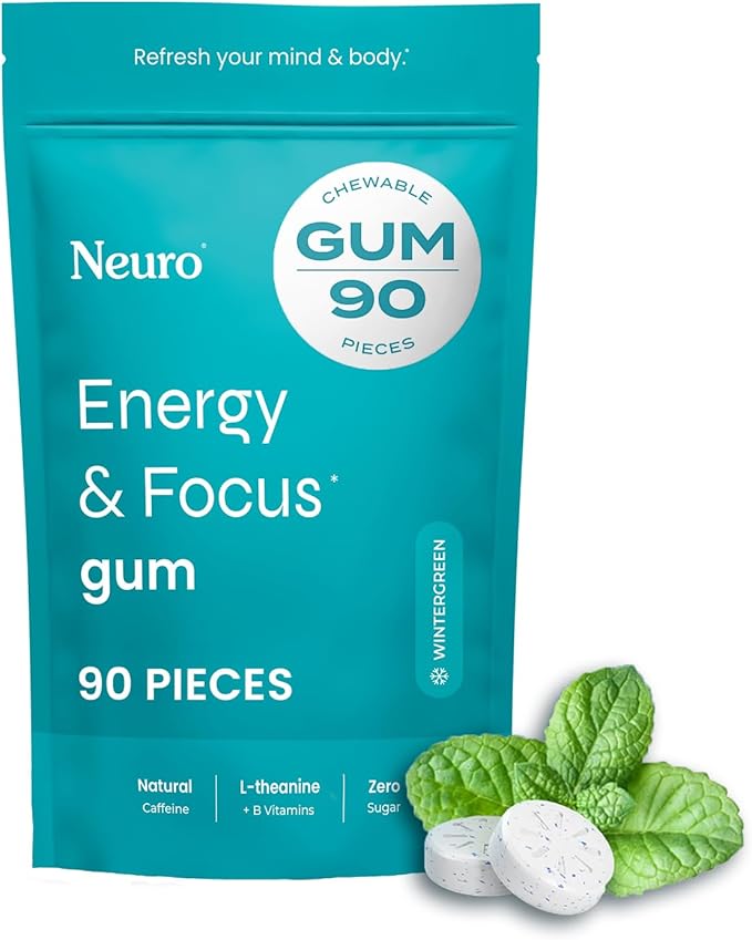 Neuro Energy & Focus Gum - 40mg Natural Caffeine Gum & Nootropic Energy Supplement with L-Theanine & B Vitamins - Sugar Free, Vegan - Wintergreen, 90ct