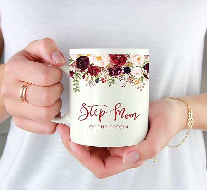 Andaz Press 11oz. Wedding Ceramic Coffee Tea Mug Gift, Fall Autumn Marsala Burgundy Flowers Roses Florals, Step Mom of the Groom, 1-Pack, Includes Gift Box