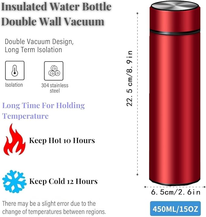 Insulated Water Bottles- Vacuum Tumbler for Coffee, Tea and Drinks with Stainless Steel Infuser - 15 oz Tea Thermo Travel Bottle/Keeps Drinks Hot or Cold for Hours/Gift Packing (Red)