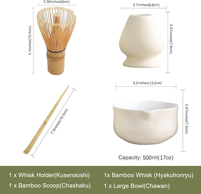 Matcha Set, Japanese Tea Set Includes Matcha Bowl with Spout, Matcha Whisk Holder (chasen), Bamboo Matcha Whisk and Bamboo Scoop, Ceramic Matcha Kit for Tea Lovers