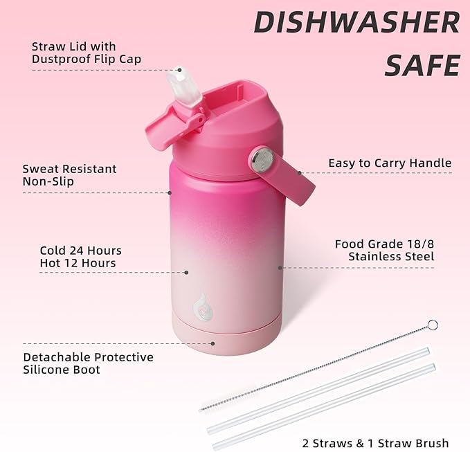 BJPKPK Insulated Water Bottle with Straw Lid, 12oz Thermos Water Bottles with Soft Nozzle, Flex Handle & Non-slip Boot, BPA Free Leak Proof Stainless Steel Metal Thermos, Tumblers, Cups,Cherry