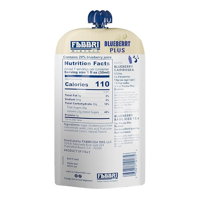Fabbri Premium Italian Fruit Syrup, Blueberry, Natural Ingredients, Non-GMO, Gluten Free, ideal for Cocktails, Mocktails, Smoothies & Sodas, Made in Italy, squeezable pouch of 6.76 fl oz (200ml)
