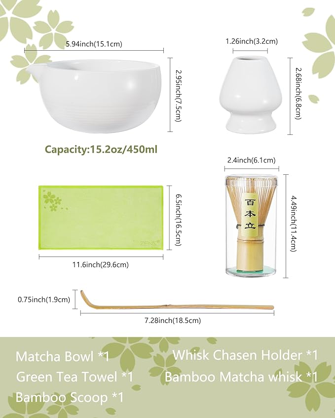 ZENS Matcha Whisk Set, 15oz Ceramic Matcha Bowl with Spout and Bamboo Whisk, Whisk Holder (Chasen), Scoop & Tea Towel, 5pcs Matcha Tea Kit Gift for Matcha Lovers, White