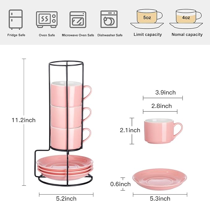 4oz Porcelain Stackable Espresso Cups with Saucers and Metal Stand Set of 4, Stackable Cappuccino Cups, Pink Expresso Shots Cup Set for Coffee Drinks, Latte, Americano, Tea
