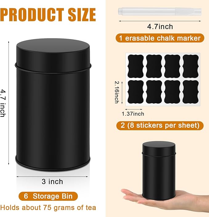 Tanlade 6 Pcs Tea Tin Canister Metal Round Can with Airtight Lid Double Sealed Tea Tin Canisters, with 1 Erasable Chalk Marker and 16 Stickers for Loose Leaf Coffee Sugar, 16 oz