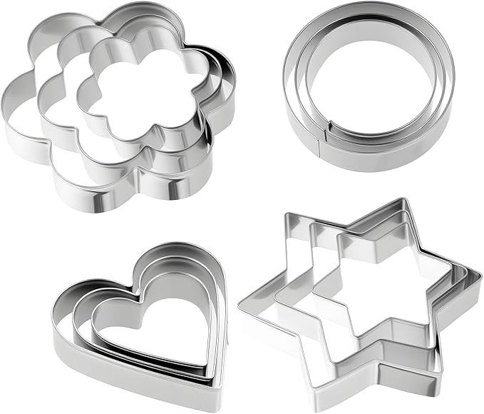 12 Pcs Cookie Cutters Biscuit Cutter Fruit Cutter Shapes Stainless Steel Fondant Cake Mold Heart Flower Star Round Shapes Metal Cutters for Baking