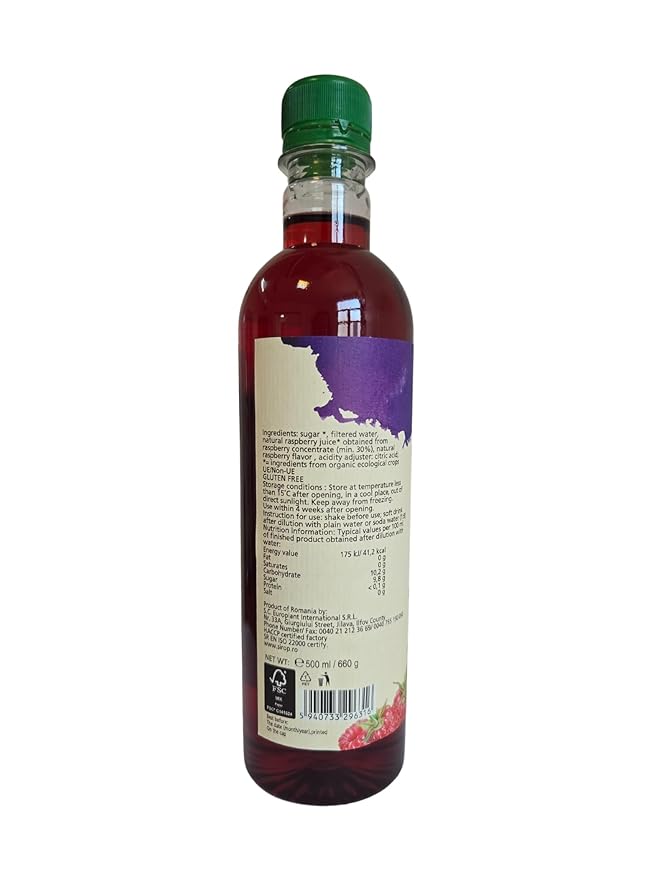 DROP Pure Organic Rasberry Flavor Bio Syrup-16.9oz (500ml), Natural 30% Concentrate Fruit Syrups,Great For Cocktails,Bevarages,Coffee,Shaved Ice and Ice-Cream,Gluten-Free, NON-GMO Snow Cone Syrup,