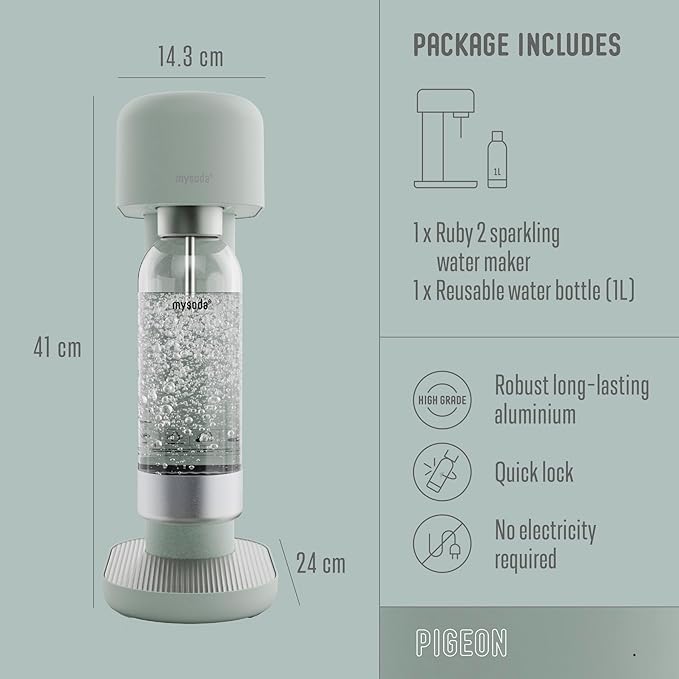 Mysoda Ruby 2 Sparkling Water Maker - Soda Streaming Machine Silent Carbonated Water Machine Robust Long-Lasting Aluminium Soda Maker 1L Water Bottle Without CO2 Cylinder - Sage Green Soda Machine