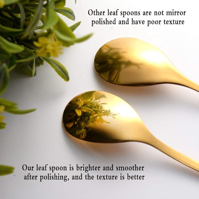 AnSaw 8-Pack Elegant Gold Leaf 4.7" Espresso Spoons - Stainless Steel, Perfect for Coffee, Demitasse, Dessert & Tea, Mini Size for Small Servings