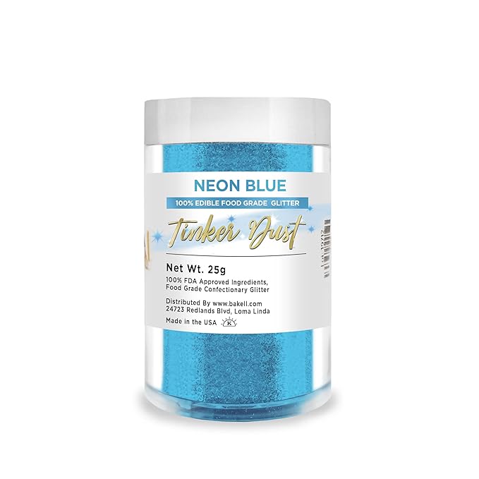 BAKELL Neon Blue Edible Glitter, 25 Grams | TINKER DUST Edible Glitter | KOSHER Certified | 100% Edible Glitter | Cakes, Cupcakes, Cake Pops, Drinks, Dessert Vegan Glitter & Dusts (25g, Neon Blue)