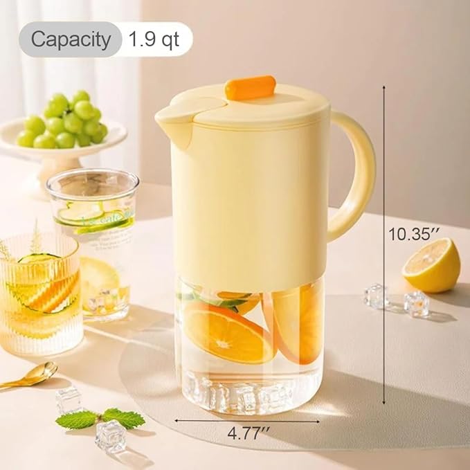 Delove Borosilicate Glass Pitcher with Lid & Auto Spout – Shatterproof Plastic Shell, Wide Mouth Design – 62 oz (1.9 Quart) Jug for Boiling Water, Iced Tea, Juice & Cold Brew Coffee (1, Yellow)