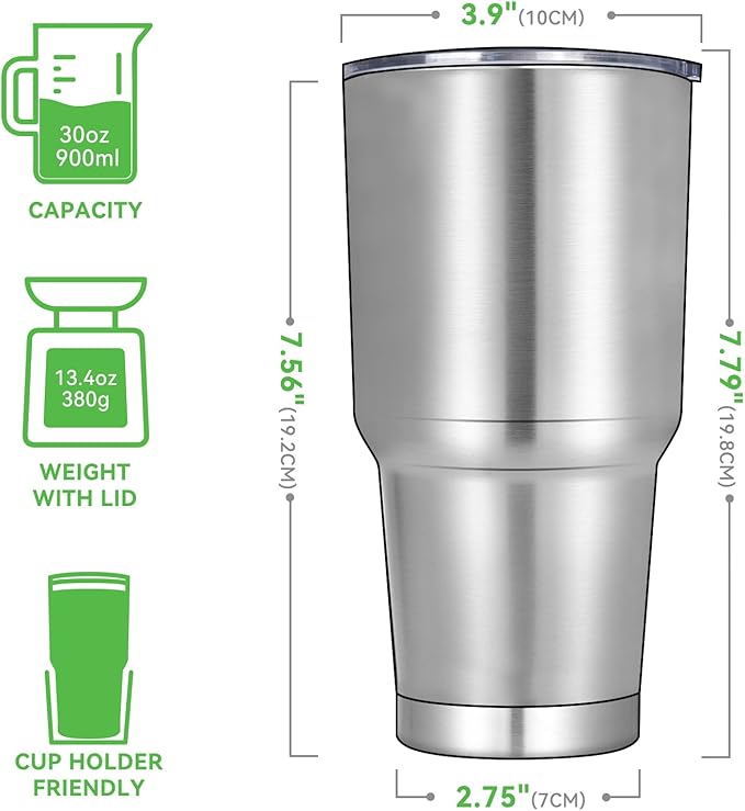 DOMICARE 30 oz Tumbler with Lid and Straw, Stainless Steel Tumblers Bulk, Insulated Vacuum Double Wall Travel Coffee Mug, Durable Powder Coated Tumbler Cups (Stainless Steel, 12)