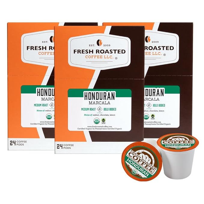 Fresh Roasted Coffee, Organic Honduran Marcala | USDA Organic, 100% Single Origin, Kosher | Medium Roast 72 Pods for K Cup Brewers