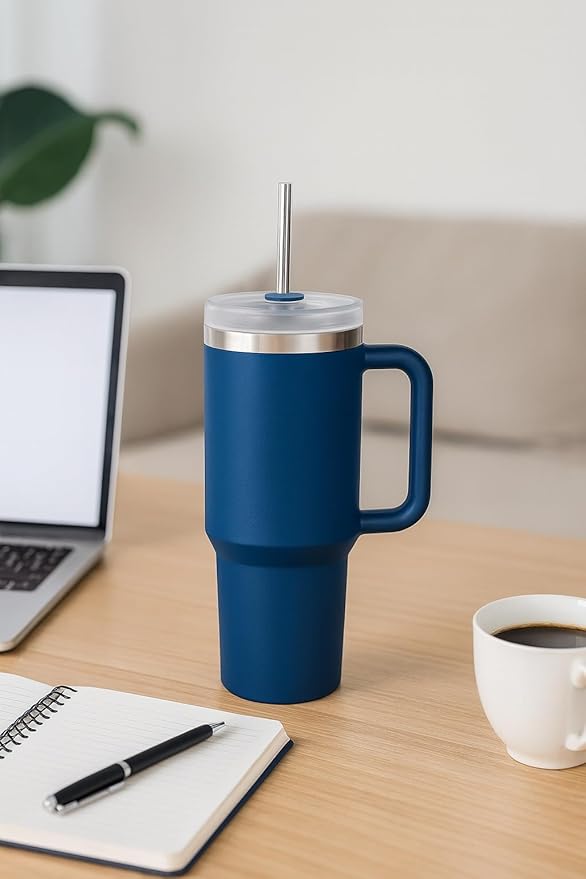 40oz Stainless Steel Tumbler with Handle & Metal Straw – Insulated Double Wall Travel Mug with Lid, Large Coffee Cup for Hot & Cold Drinks, Fits Car Cup Holders