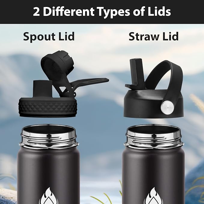 SENDESTAR Stainless Steel Water Bottle, Wide Mouth 24 oz Water Bottle with Straw Lid, Spout Lid, Double Wall Vacuum Insulated Leak Proof, Keeps Liquids Hot or Cold (Black)