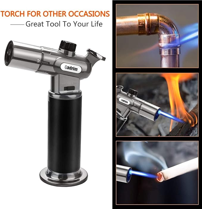 Cadrim Butane Torch, Refillable Pro Culinary Blow Torch Double Fire Cooking Torch and Small Adjustable Flame Kitchen Torch for Creme Brulee, Baking BBQ (Black)