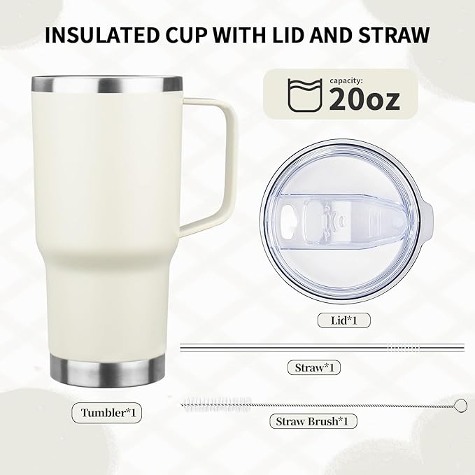20oz Insulated Tumbler with Handle Stainless Steel Travel Coffee Mug with Lid and Straw Double Wall Vacuum Leak-proof Reusable Thermal Water Cup for Hot and Cold Drinks (Cream,1 Pack)