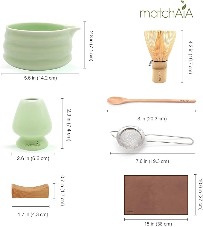 7 Pcs Matcha Set - Ceramic Bowl, Bamboo Whisk with Holder, Sifter, Schima Spoon, Spoon Rest and Tea Towel, Complete Kit for Traditional Matcha and Modern Lattes (Green)