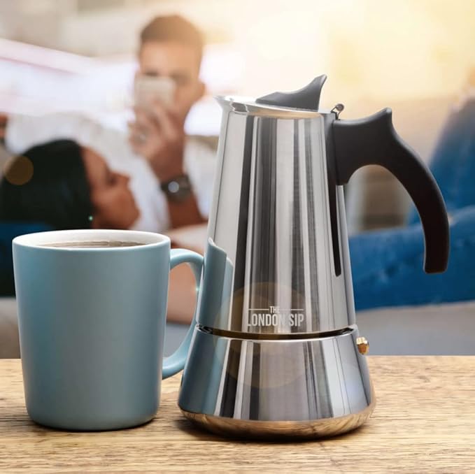 London Sip Stainless Steel Stovetop Espresso Maker Moka Pot Italian Coffee Percolator, Silver, Medium (10.14 oz)