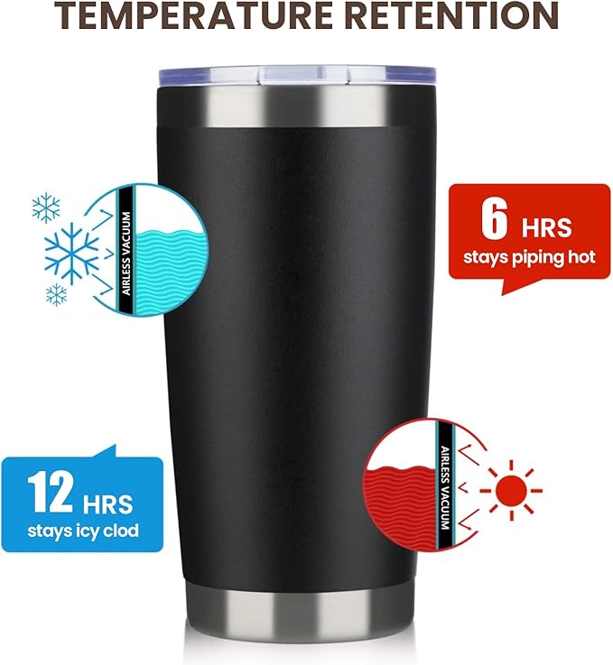 MEWAY 20oz Tumbler 4 Pack Double Wall Vacuum Insulated Travel Mug Bulk, Stainless Steel Tumblers with Lid and Straw, Durable Powder Coated Coffee Cups for Cold & Hot Drinks (Black, 4)