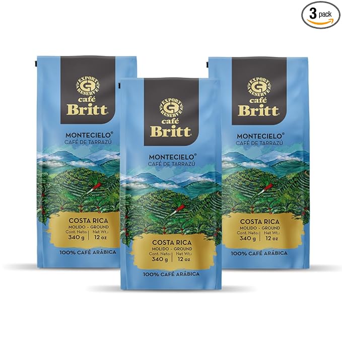 Café Britt® - Costa Rican Montecielo, Coffee From Tarrazu (12 oz.) (3-Pack) - Ground, Arabica Coffee, Kosher, Gluten Free, 100% Gourmet & Medium Dark Roast