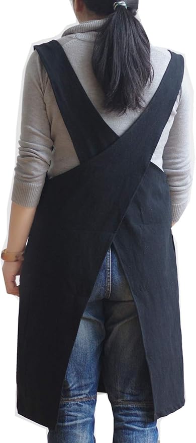 Cotton Linen Japanese Apron Halter Cross Back Bandage X Shape Aprons Two Pockets